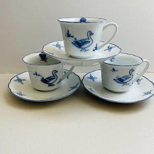 Vintage Cordon Blue Porcelain Blue Goose Demitasse Cup Saucer Set of 3